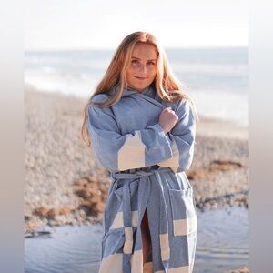 Basic Layers Turkish Towel Bathrobe in Blue & White, Size S/M